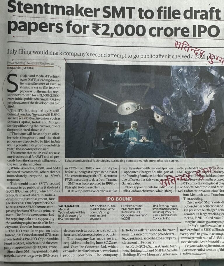 Stentmaker SMT to file draft papers for ₹2,000 crore IPO