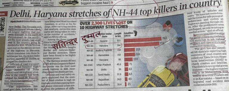 Delhi, Haryana stretches of NH-44 top killers in country